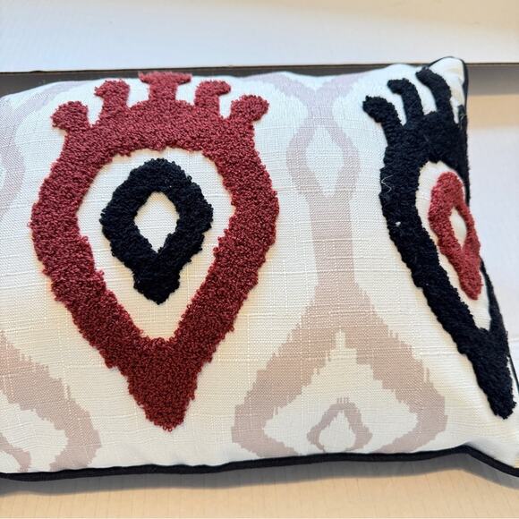 Cream Red Black Ikat Embroidered Throw Pillow Boho Home Decor 13x19 - Picture 6 of 9